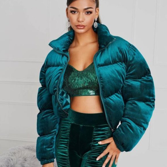 POCKETED VELVET PUFFER JACKET - EMERALD GREEN - Picture 5 of 5